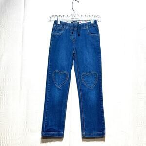 Mini Boden Girls 8Y Blue Denim Jeans Heart Knee Patch Pull On Drawstring Waist